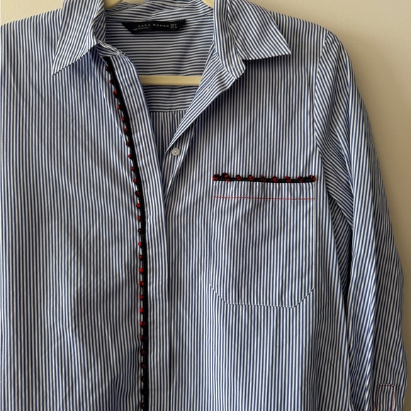 Zara Blue and White Striped Shirt with Red Detail - Picture 2 of 8